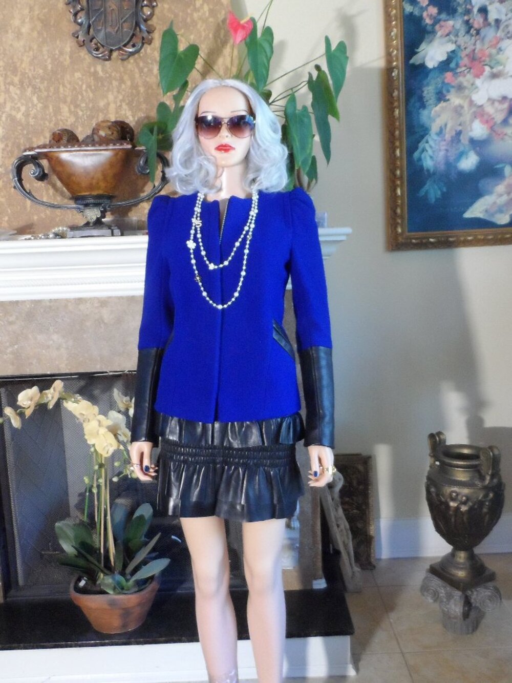 Maje Cobalt Blue Virgin Wool Jacket & Black Lamb Leather Skirt Set 36/38